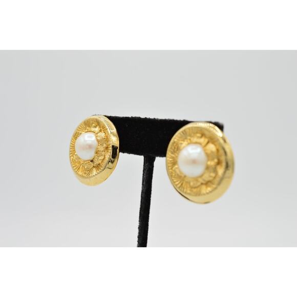 Vintage Pierced Earrings Dangle Brushed Gold Chunky Round Pearl NOS 1980s 9E - Picture 3 of 7